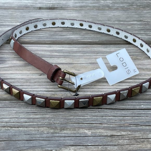 LODIS Women Belt Brown Leather Studded Skinny Belt - Picture 6 of 11